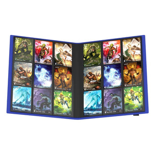 Blaues Ultimate Guard Flexxfolio 360 mit 18-Pocket-Seiten, gefüllt mit Sammelkarten.