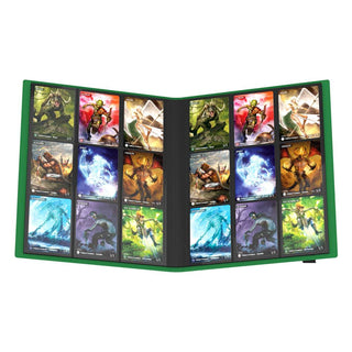 Ultimate Guard Flexxfolio 360, grüne Kartenmappe, offen mit Sammelkarten in 18-Pocket-Seiten.