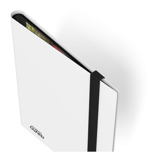 Weiße Ultimate Guard Flexxfolio 360 Kartenmappe mit schwarzem Gummiband, 18-Pocket-Design für Sammelkarten.