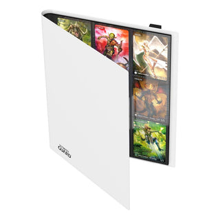Weiße Ultimate Guard Flexxfolio 360 Kartenmappe mit 18-Pocket-Seiten, zeigt Sammelkarten im Inneren.
