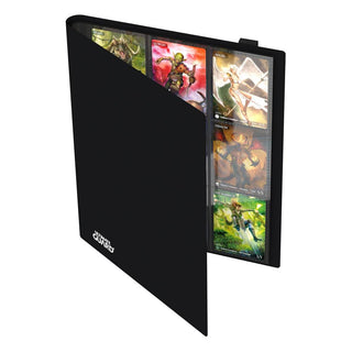 Schwarze Ultimate Guard Flexxfolio 360 Kartenmappe, geöffnet mit Sammelkarten sichtbar.