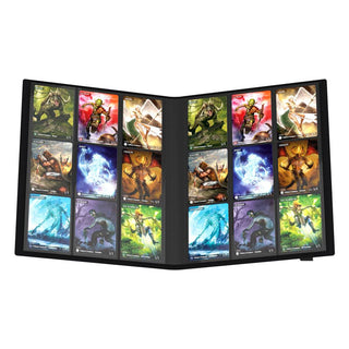 Ultimate Guard Flexxfolio 360 Kartenmappe, schwarz, geöffnet mit Sammelkarten in 18-Pocket-Seiten.