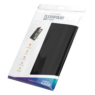 Ultimate Guard Flexxfolio 360, 18-Pocket Kartenmappe in Schwarz, Verpackung mit Logo und Produktdetails.