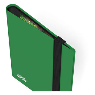 Grüne Ultimate Guard Flexxfolio 160 Kartenmappe mit elastischem Verschluss und sichtbaren Kartenfächern.