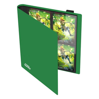 Grüne Ultimate Guard Flexxfolio 160 Kartenmappe, offen mit Sammelkarten sichtbar.