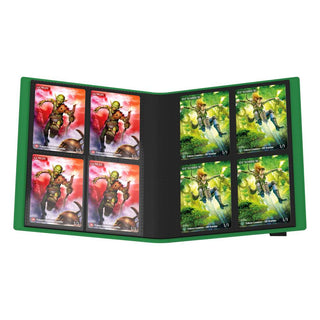 Grüne Ultimate Guard Flexxfolio 160 Kartenmappe, geöffnet, mit Sammelkarten in 8-Pocket-Seiten.