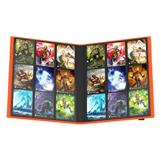 Orange Ultimate Guard Flexxfolio 360 Kartenmappe mit 18-Pocket-Seiten, gefüllt mit Sammelkarten.