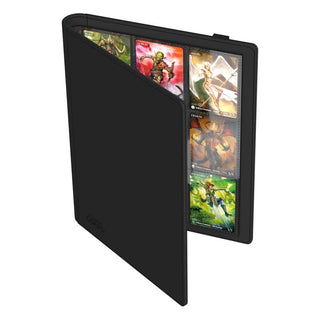 Schwarze Ultimate Guard Flexxfolio 360 Kartenmappe mit XenoSkin-Einband, zeigt Sammelkarten in 18-Pocket-Seiten.