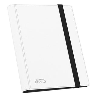 Weiße Ultimate Guard Flexxfolio 360 Kartenmappe mit XenoSkin-Einband und schwarzem Gummiband.