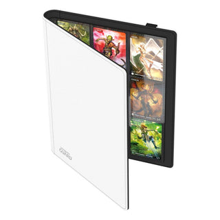 Weiße Ultimate Guard Flexxfolio 360 Kartenmappe mit XenoSkin-Einband, zeigt Sammelkarten in 18-Pocket-Seiten.