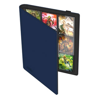 Blaues Ultimate Guard Flexxfolio 360 mit XenoSkin-Einband, zeigt Sammelkarten in 18-Pocket-Pages.