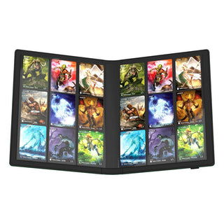 Ultimate Guard Flexxfolio 360 Kartenmappe, grün, offen mit Sammelkarten in 18-Pocket-Seiten.