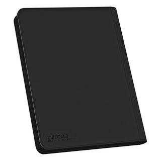 Schwarze Ultimate Guard Zipfolio 360 Kartenmappe mit XenoSkin-Einband und Reißverschluss für Sammelkarten.