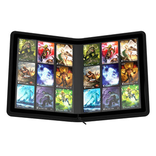 Ultimate Guard Zipfolio 360 XenoSkin Kartenmappe mit 18-Pocket-Seiten, offen mit Sammelkarten, schwarz.