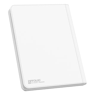 Weiße Ultimate Guard Zipfolio 360 Kartenmappe mit XenoSkin, 18-Pocket, für Sammelkarten, geschlossen.