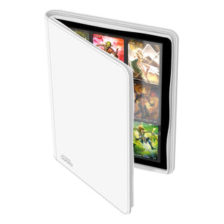 Weiße Ultimate Guard Zipfolio 360 Kartenmappe, geöffnet, zeigt Sammelkarten in 18-Taschen-Seiten.