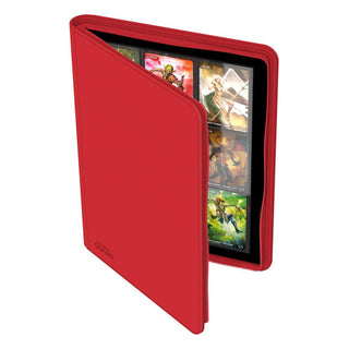 Rote Ultimate Guard Zipfolio 360 Kartenmappe mit XenoSkin, geöffnet, zeigt Sammelkarten in 18-Taschen-Seiten.