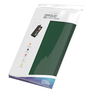 Ultimate Guard Zipfolio 360, grüne 18-Pocket-Kartenmappe mit XenoSkin-Einband und Reißverschluss in Verpackung.
