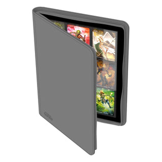 Ultimate Guard Zipfolio 360, graue Kartenmappe mit 18-Taschen-Seiten, teilweise geöffnet, zeigt Sammelkarten.