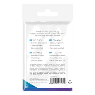 Rückseite der Ultimate Guard Premium Soft Sleeves für Brettspielkarten, 60 Stück, mehrsprachige Beschreibung.