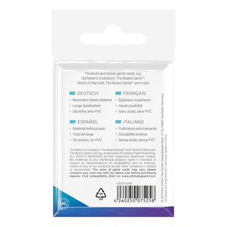 Rückseite der Ultimate Guard Premium Soft Sleeves für Mini American Brettspielkarten, 50 Stück, mehrsprachige Beschreibung.
