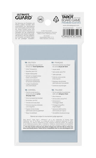 Ultimate Guard Premium Soft Sleeves für Tarot-Karten, 50 Stück, Verpackungsrückseite mit Details in mehreren Sprachen.