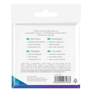 Ultimate Guard Premium Soft Sleeves Packung, 50 Stück, für große quadratische Brettspielkarten, mehrsprachige Beschreibung.
