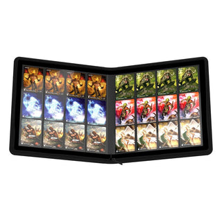 Ultimate Guard Zipfolio 480, 24-Pocket XenoSkin, schwarz, geöffnet mit Karten, strapazierfähig, ideal für Playsets.