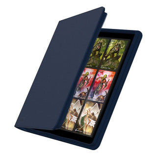 Blaues Ultimate Guard Zipfolio 480 mit XenoSkin, 24-Pocket-Design, geöffnet und gefüllt mit Sammelkarten.