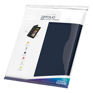 Blaues Ultimate Guard Zipfolio 480, 24-Pocket XenoSkin für Karten, mit Reißverschluss, auf weißem Hintergrund.