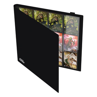 Schwarze Ultimate Guard Flexxfolio 480 Kartenmappe, geöffnet, zeigt Karten in 24-Pocket-Seiten.