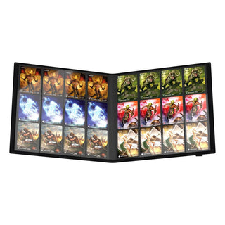 Schwarze Ultimate Guard Flexxfolio 480 Kartenmappe, geöffnet mit bunten Sammelkarten.
