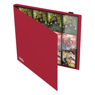 Rote Ultimate Guard Flexxfolio 480 Kartenmappe mit offenen Seiten, zeigt Karten in 24-Pocket-Layout.