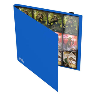 Blauer Ultimate Guard Flexxfolio 480 Kartenordner, geöffnet, zeigt Sammelkarten in 24-Pocket-Seiten.