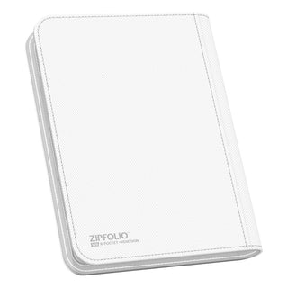 Weiße Ultimate Guard Zipfolio 160 Kartenmappe mit XenoSkin-Einband und Reißverschluss, 8-Pocket-Design.
