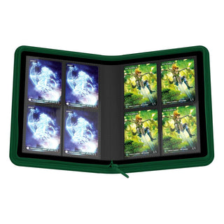 Grüne Ultimate Guard Zipfolio 160 Kartenmappe mit geöffnetem Reißverschluss, zeigt 8-Pocket-Seiten mit Sammelkarten.