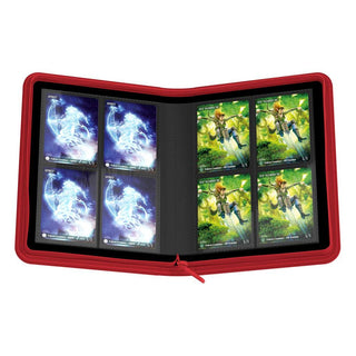 Ultimate Guard Zipfolio 160, rote XenoSkin-Kartenmappe, geöffnet mit Sammelkarten, 8-Pocket-Seiten.