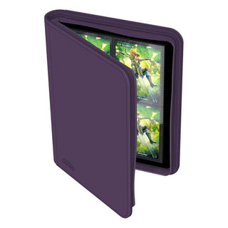 Violette Ultimate Guard Zipfolio 160 Kartenmappe mit XenoSkin-Einband, geöffnet, zeigt Sammelkarten in 8-Taschen-Seiten.