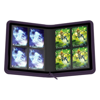 Ultimate Guard Zipfolio 160, violett, geöffnet mit Sammelkarten in 8-Pocket-Seiten, XenoSkin-Einband, Reißverschluss.