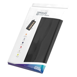 Ultimate Guard Zipfolio 320, 16-Pocket XenoSkin, schwarze Kartenmappe mit Reißverschluss, Verpackungsvorderseite.