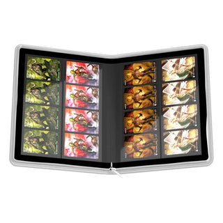 Offene Ultimate Guard Zipfolio 320 Kartenmappe mit 16-Taschen-Seiten, gefüllt mit Sammelkarten.