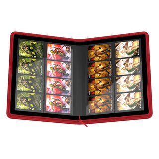 Ultimate Guard Zipfolio 320, rot, offen mit Sammelkarten in 16-Pocket-Seiten, XenoSkin-Einband.