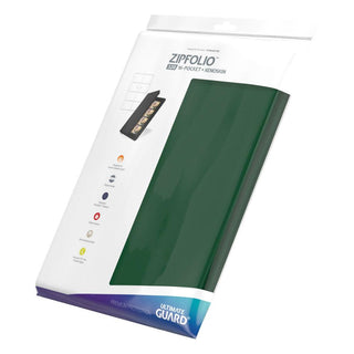 Grüne Ultimate Guard Zipfolio 320 Kartenmappe mit XenoSkin und Reißverschluss für Sammelkarten, 16-Taschen-Design.