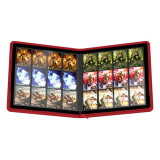 Rote Ultimate Guard Zipfolio 480 Kartenmappe mit offenen Seiten, gefüllt mit Sammelkarten.