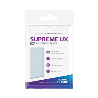 Ultimate Guard Supreme UX 3rd Skin Sleeves, 50 transparente Hüllen für Standardkarten, Verpackungsvorderseite.
