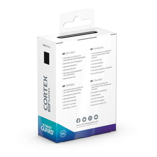 Ultimate Guard Cortex Sleeves, 100 Stück, Schwarz, Verpackung mit mehrsprachiger Beschreibung.