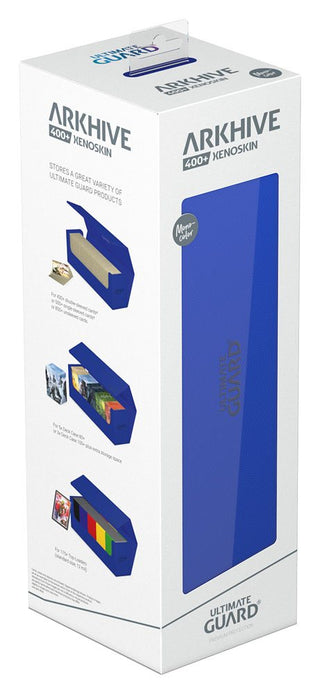 Ultimate Guard Arkhive 400+ XenoSkin Blau, Kartenaufbewahrung, Verpackung zeigt Produktdetails und Anwendungsbeispiele.