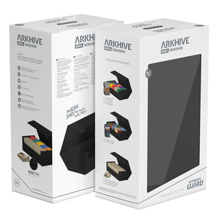 Ultimate Guard Arkhive 800+ XenoSkin Schwarz, Kartonverpackung, zeigt Kartenlagerungskapazität und Design.