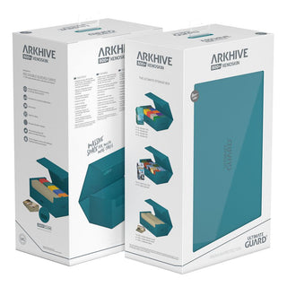 Ultimate Guard Arkhive 800+ XenoSkin Petrolblau, Kartonverpackung, zeigt Kartenaufbewahrung für 800+ Karten.