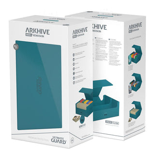 Ultimate Guard Arkhive 800+ XenoSkin in Petrolblau, Kartenbox für über 800 Karten, Verpackungsvorder- und -rückseite.